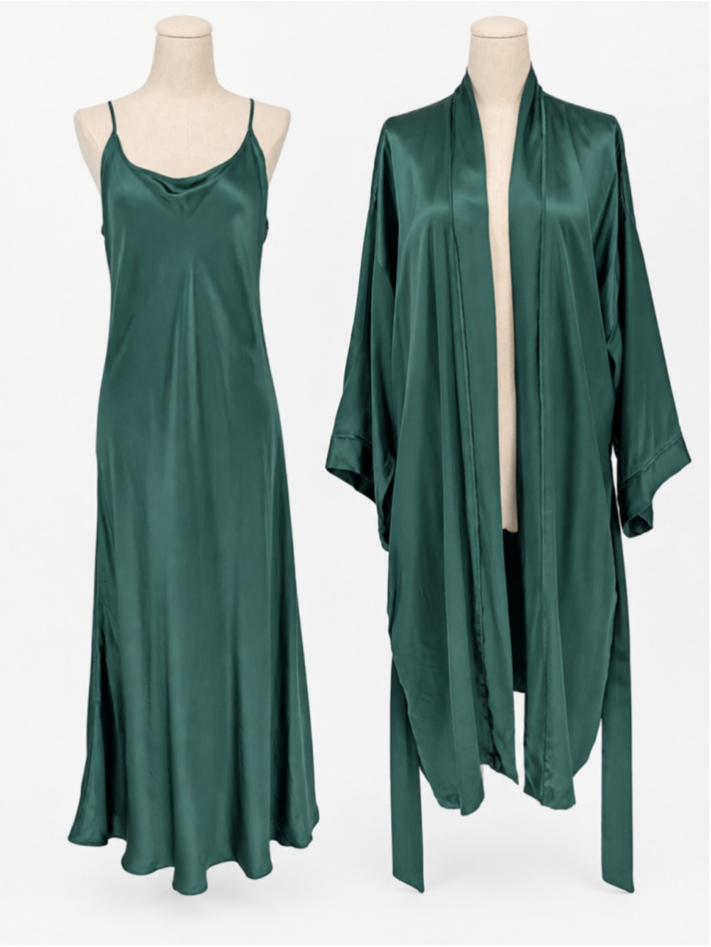 Vintage Bali 100% Silk Slip Dress Robe 2pc Set Emerald Green XL Y2K